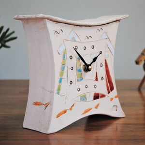 Beach Huts And Fish Ceramic Clock Handmade In UK