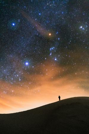 Colorful stars sky in White Sands Monument over Sand Dunes with silhouette and horizon air glow - Photographic Print, 8x12
