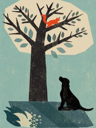 Dog and Squirrel - Giclee Print, 12x16