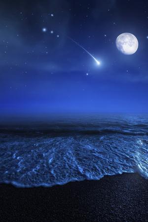 Tranquil Ocean at Night Against Starry Sky, Moon and Falling Meteorite - Photographic Print, 12x18