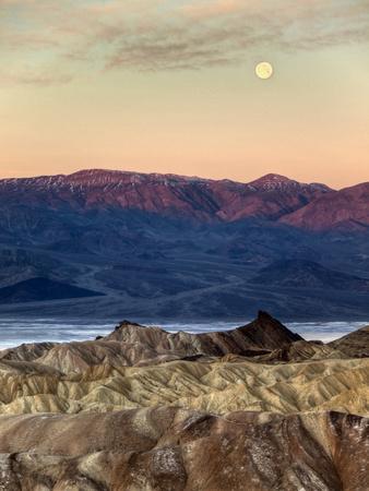 USA, California, Death Valley National Park. Moonset at Sunrise from Zabriskie Point - Photographic Print, 12x16